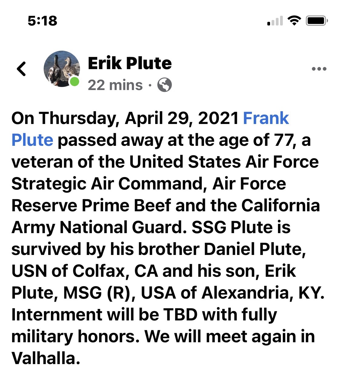 Frank Plute Obituary